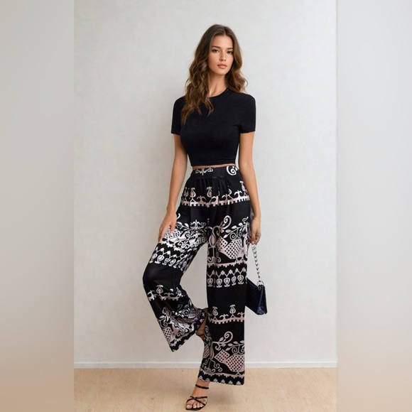 Pants - Black Crop Tee & Graphic Print Wide Leg Pants